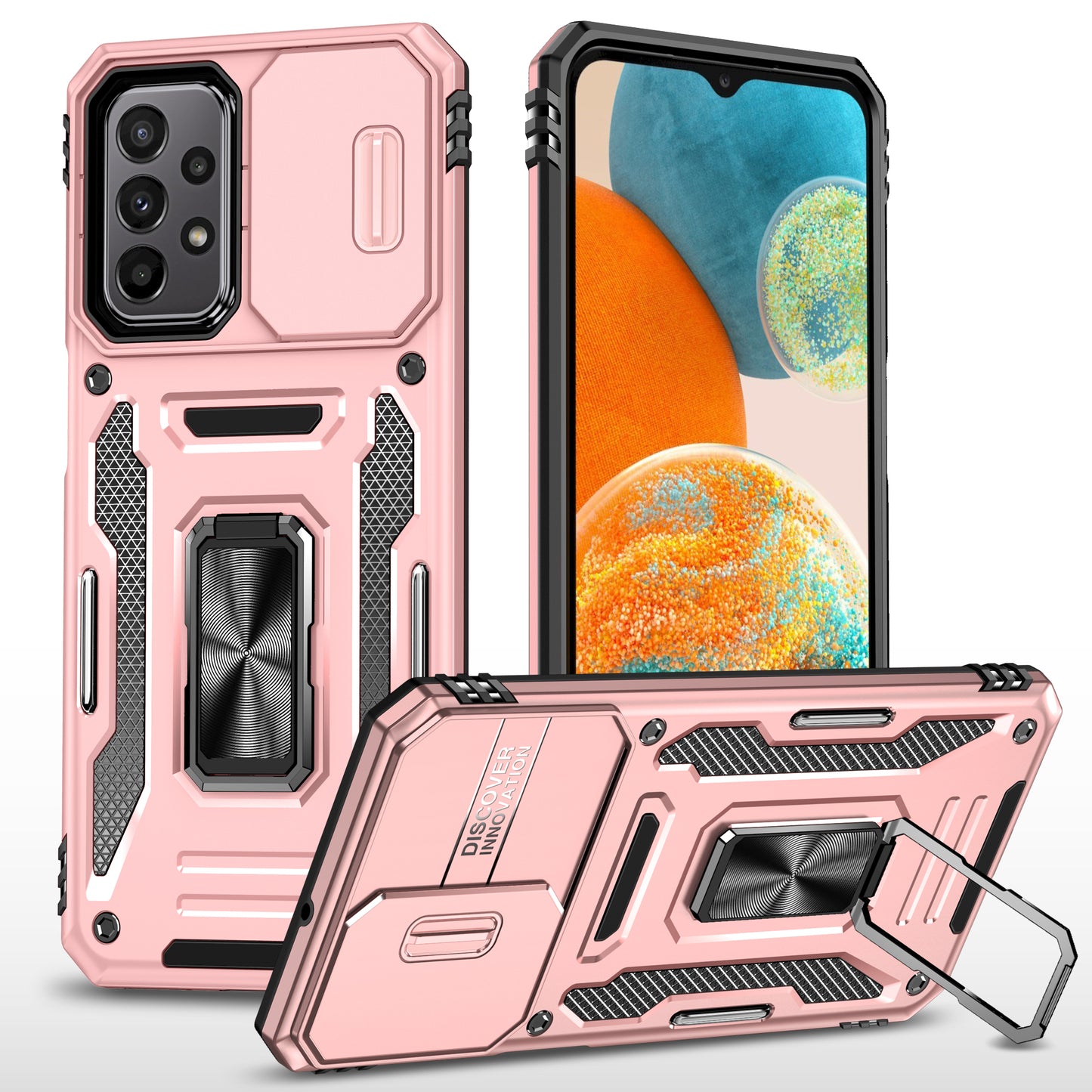 Armor Series for Samsung Galaxy A23 4G / 5G (Global Version) Kickstand Design Phone Case PC + TPU Protective Back Cover with Slide Camera Cover