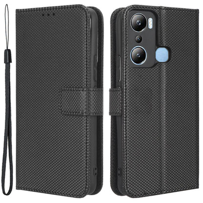 For Infinix Hot 20i 4G X665C / X665E Diamond Texture PU Leather Case Full Protection Stand Wallet Phone Cover with Strap