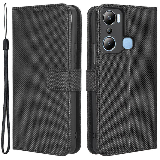 For Infinix Hot 20i 4G X665C / X665E Diamond Texture PU Leather Case Full Protection Stand Wallet Phone Cover with Strap