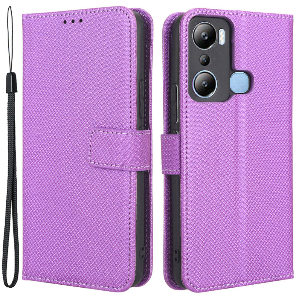 For Infinix Hot 20i 4G X665C / X665E Diamond Texture PU Leather Case Full Protection Stand Wallet Phone Cover with Strap