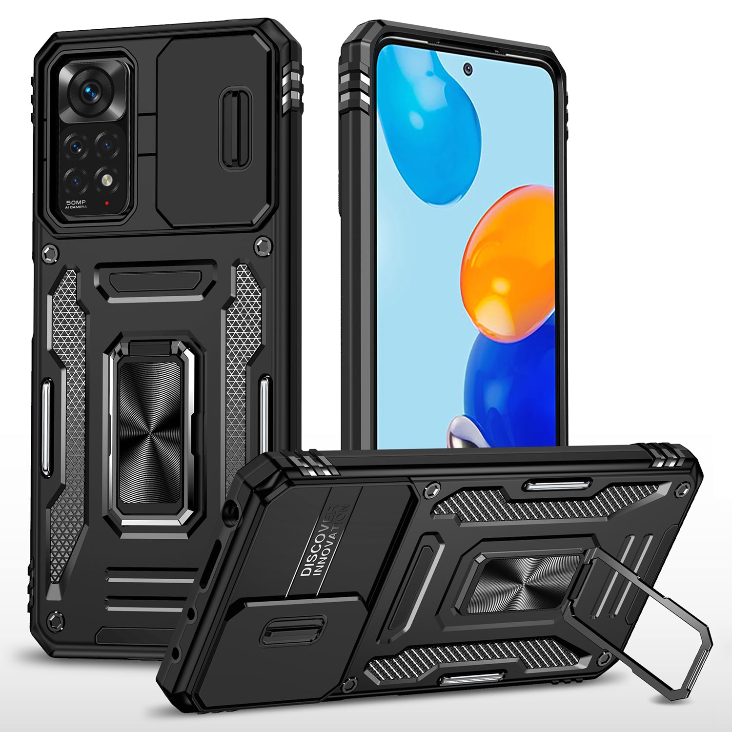 Armor Series for Xiaomi Redmi Note 11 Pro 4G (MediaTek) / Redmi Note 11 Pro 5G (Qualcomm) Slide Camera Protection Case Kickstand PC + TPU Impact-Resistant Cover