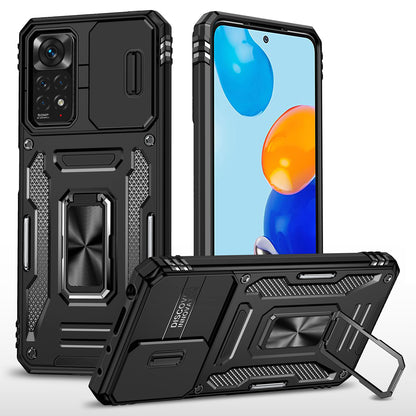 Armor Series for Xiaomi Redmi Note 11 Pro 4G (MediaTek) / Redmi Note 11 Pro 5G (Qualcomm) Slide Camera Protection Case Kickstand PC + TPU Impact-Resistant Cover
