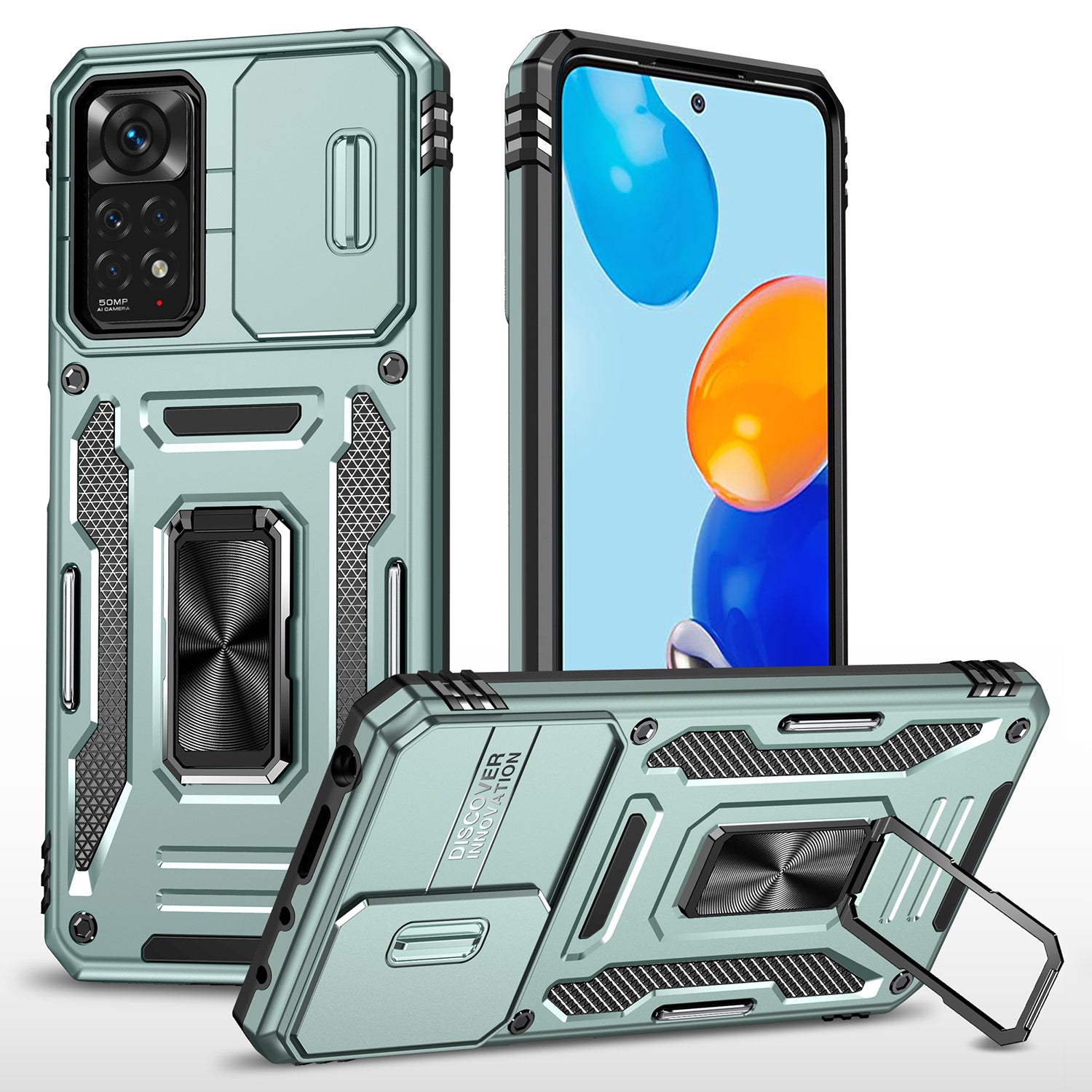 Armor Series for Xiaomi Redmi Note 11 Pro 4G (MediaTek) / Redmi Note 11 Pro 5G (Qualcomm) Slide Camera Protection Case Kickstand PC + TPU Impact-Resistant Cover