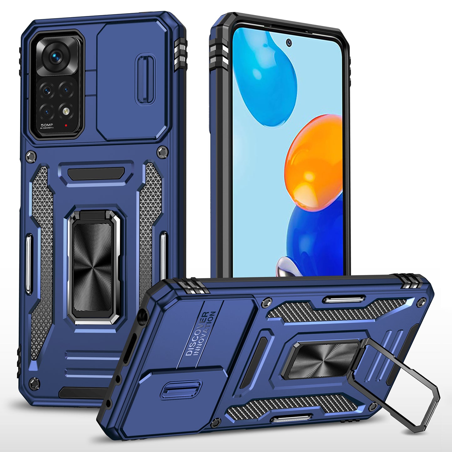 Armor Series for Xiaomi Redmi Note 11 Pro 4G (MediaTek) / Redmi Note 11 Pro 5G (Qualcomm) Slide Camera Protection Case Kickstand PC + TPU Impact-Resistant Cover