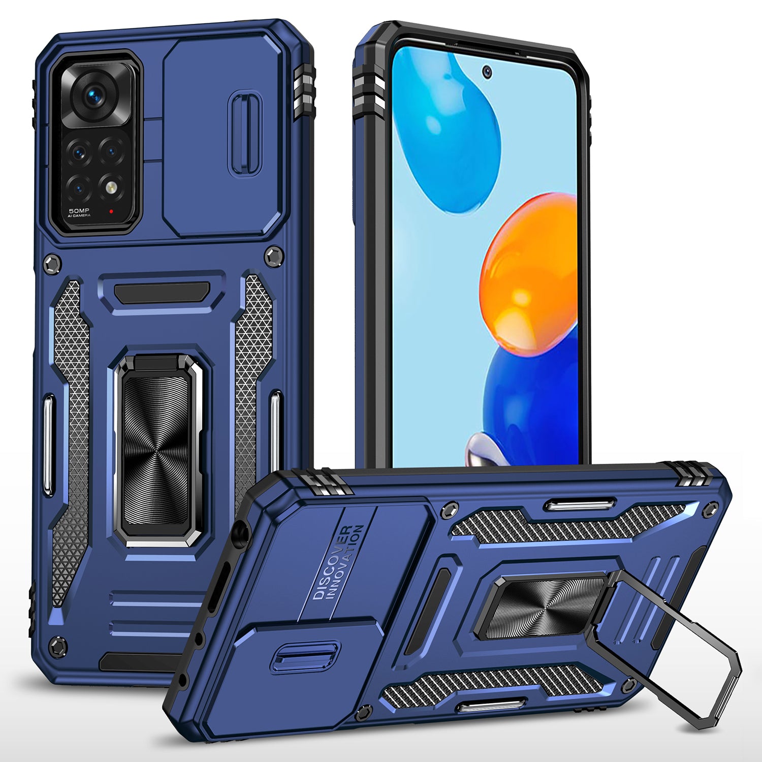 Armor Series for Xiaomi Redmi Note 11 Pro 4G (MediaTek) / Redmi Note 11 Pro 5G (Qualcomm) Slide Camera Protection Case Kickstand PC + TPU Impact-Resistant Cover