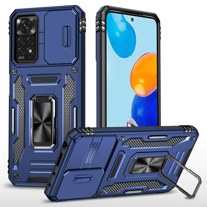 Armor Series for Xiaomi Redmi Note 11 Pro 4G (MediaTek) / Redmi Note 11 Pro 5G (Qualcomm) Slide Camera Protection Case Kickstand PC + TPU Impact-Resistant Cover