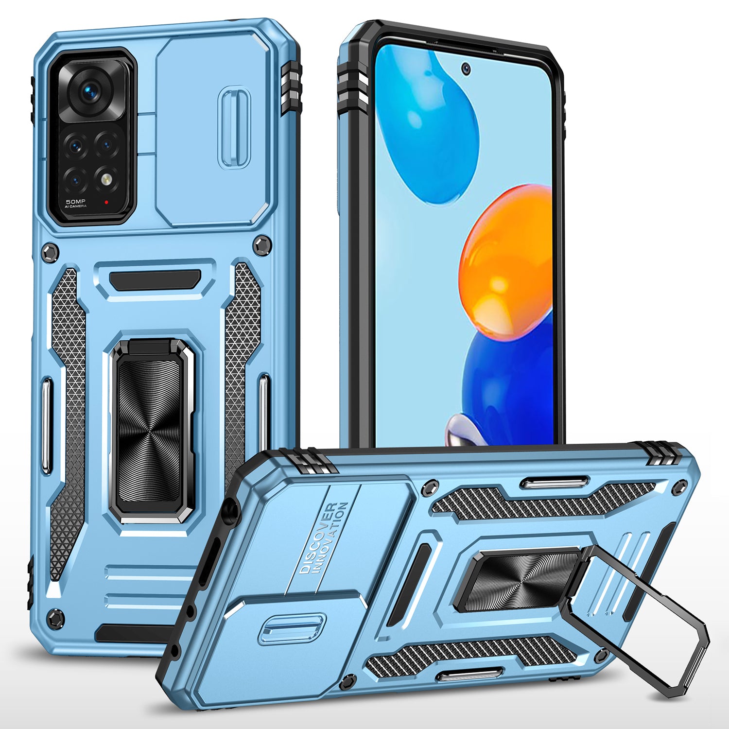 Armor Series for Xiaomi Redmi Note 11 Pro 4G (MediaTek) / Redmi Note 11 Pro 5G (Qualcomm) Slide Camera Protection Case Kickstand PC + TPU Impact-Resistant Cover