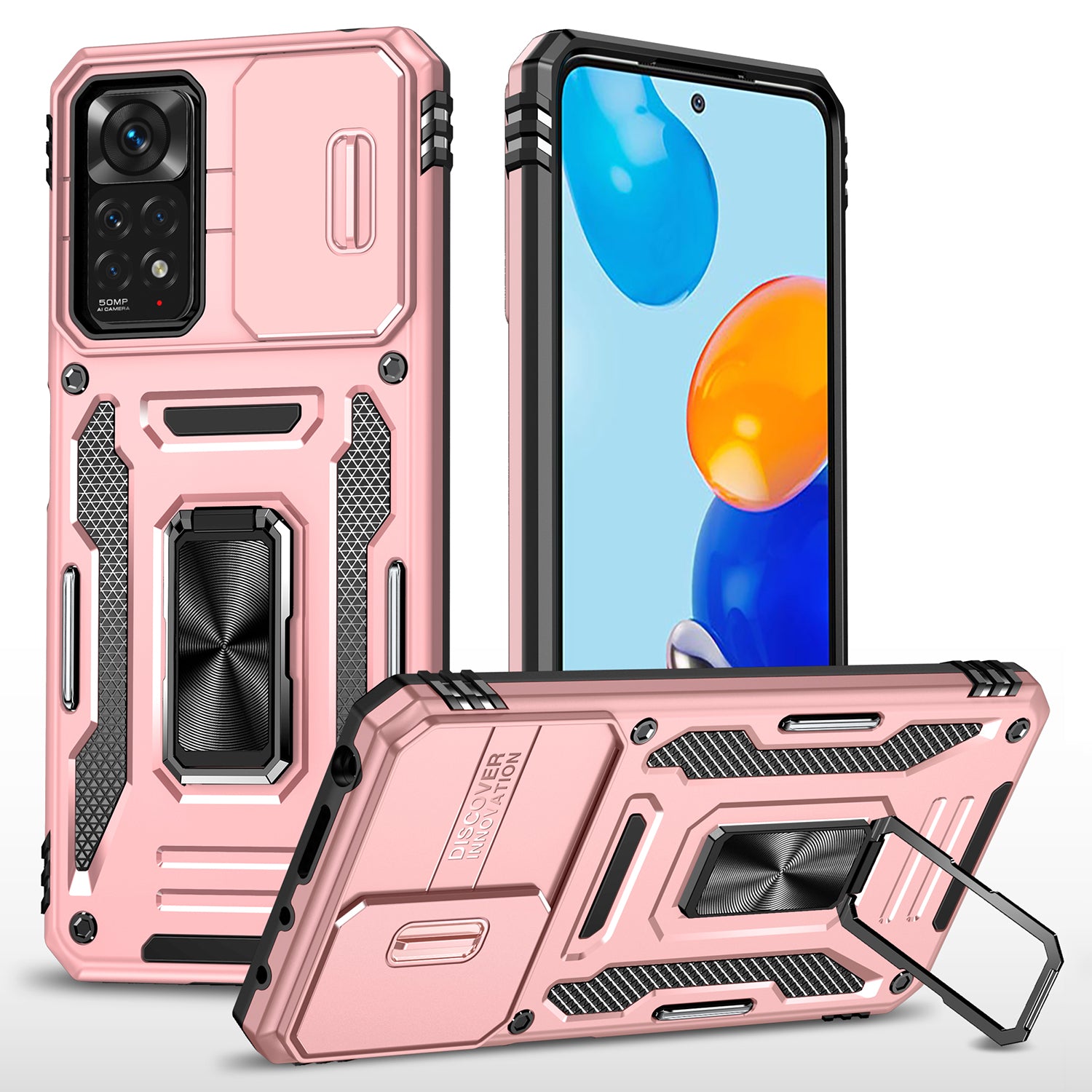 Armor Series for Xiaomi Redmi Note 11 Pro 4G (MediaTek) / Redmi Note 11 Pro 5G (Qualcomm) Slide Camera Protection Case Kickstand PC + TPU Impact-Resistant Cover