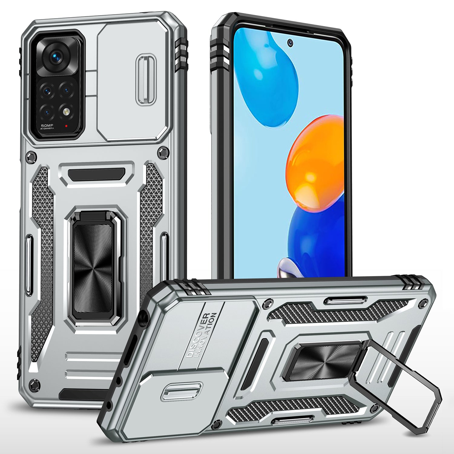 Armor Series for Xiaomi Redmi Note 11 Pro 4G (MediaTek) / Redmi Note 11 Pro 5G (Qualcomm) Slide Camera Protection Case Kickstand PC + TPU Impact-Resistant Cover