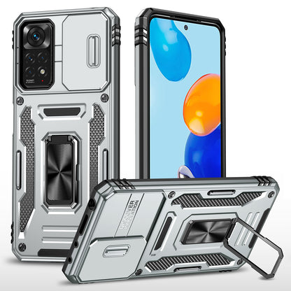 Armor Series for Xiaomi Redmi Note 11 Pro 4G (MediaTek) / Redmi Note 11 Pro 5G (Qualcomm) Slide Camera Protection Case Kickstand PC + TPU Impact-Resistant Cover