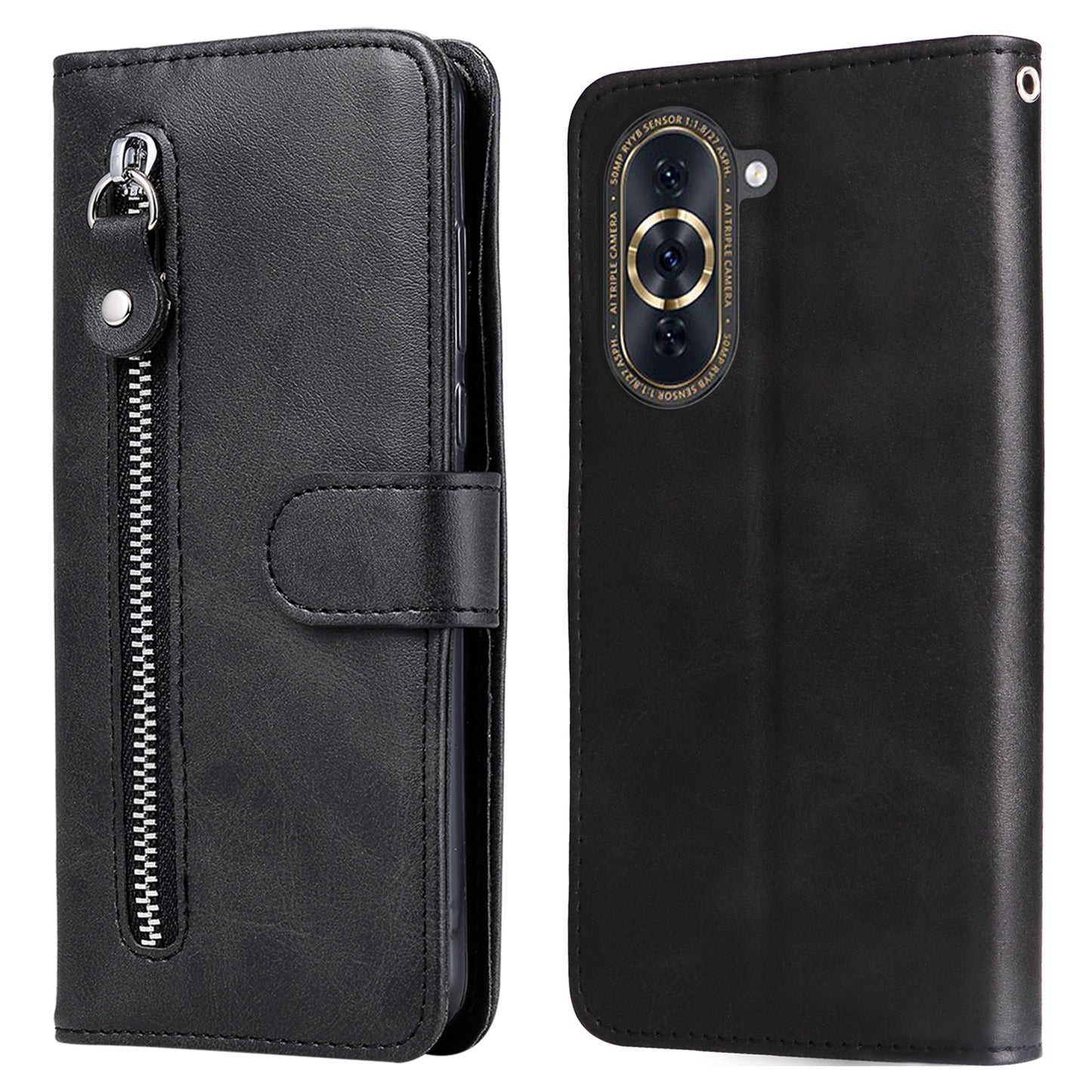 For Huawei nova 10 Pro 4G Calf Texture PU Leather Zipper Pocket Phone Case Magnetic Clasp Stand Wallet Cover