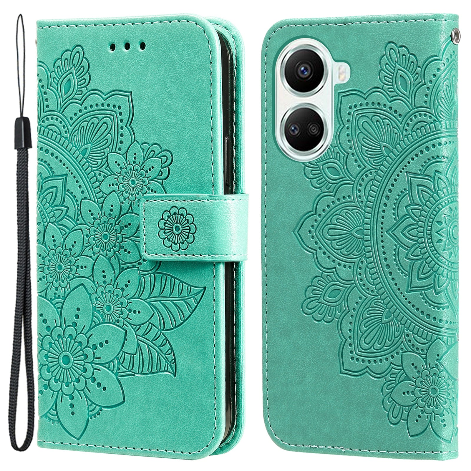 For Huawei nova 10 SE 4G Flower Imprinting PU Leather Stand Case Full Protection Phone Wallet Cover with Strap