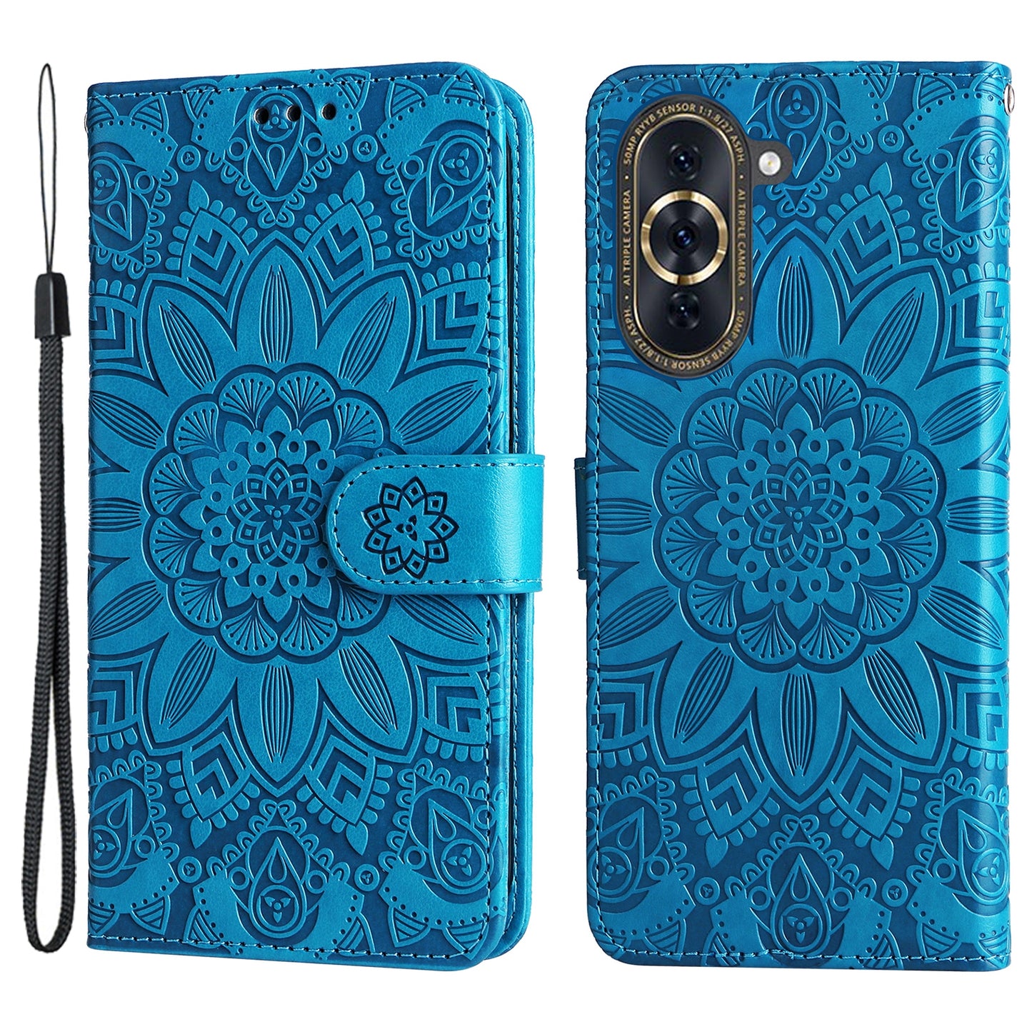 For Huawei nova 10 4G PU Leather Stand Wallet Case Sunflower Imprinted Shockproof Phone Cover with Wrist Strap