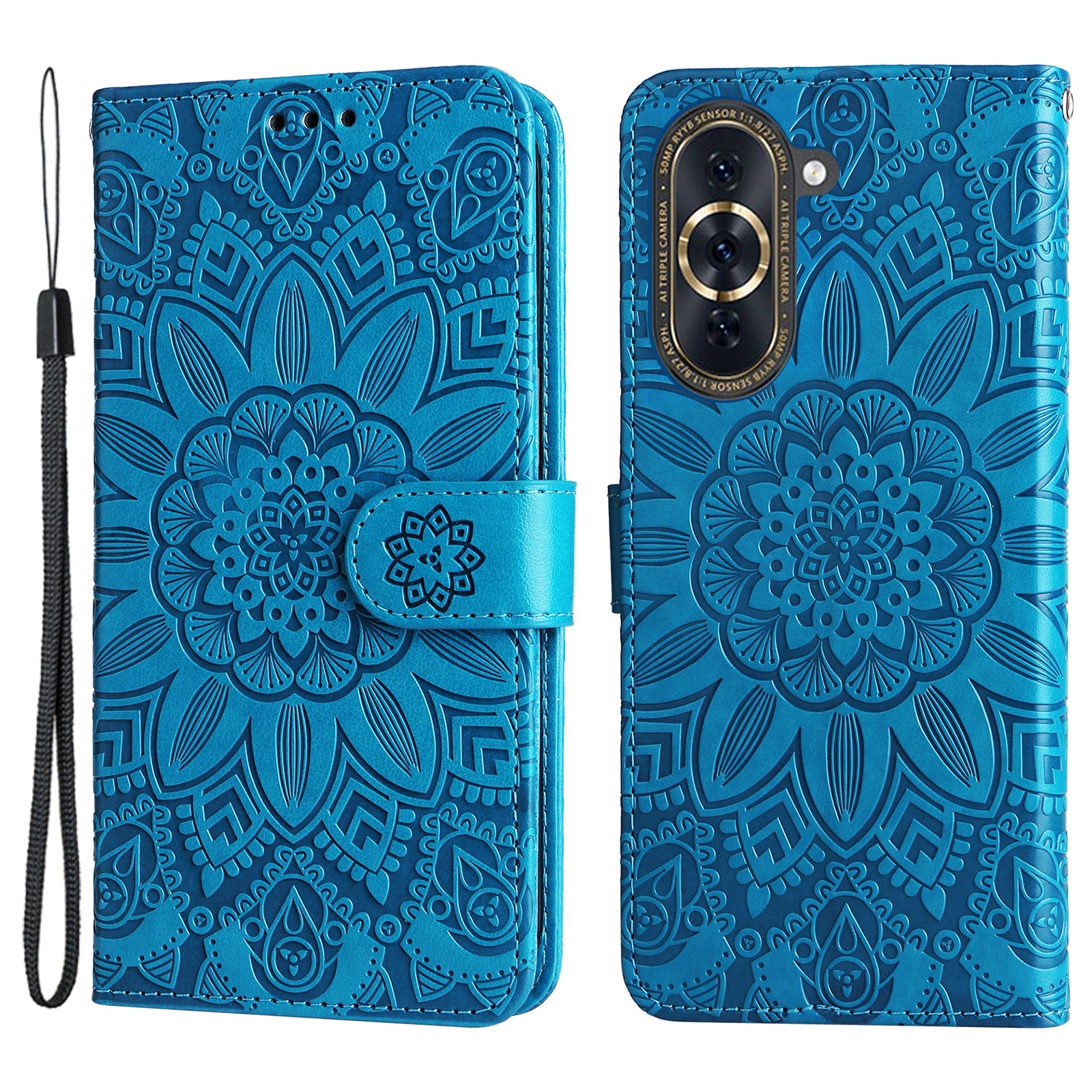 For Huawei nova 10 4G PU Leather Stand Wallet Case Sunflower Imprinted Shockproof Phone Cover with Wrist Strap