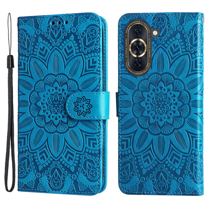 For Huawei nova 10 4G PU Leather Stand Wallet Case Sunflower Imprinted Shockproof Phone Cover with Wrist Strap