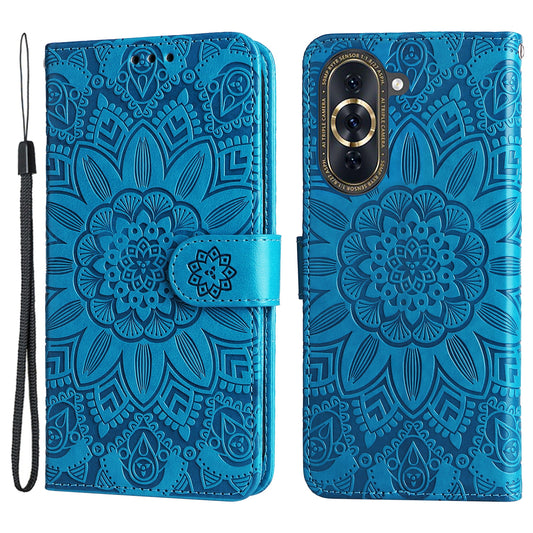 For Huawei nova 10 4G PU Leather Stand Wallet Case Sunflower Imprinted Shockproof Phone Cover with Wrist Strap