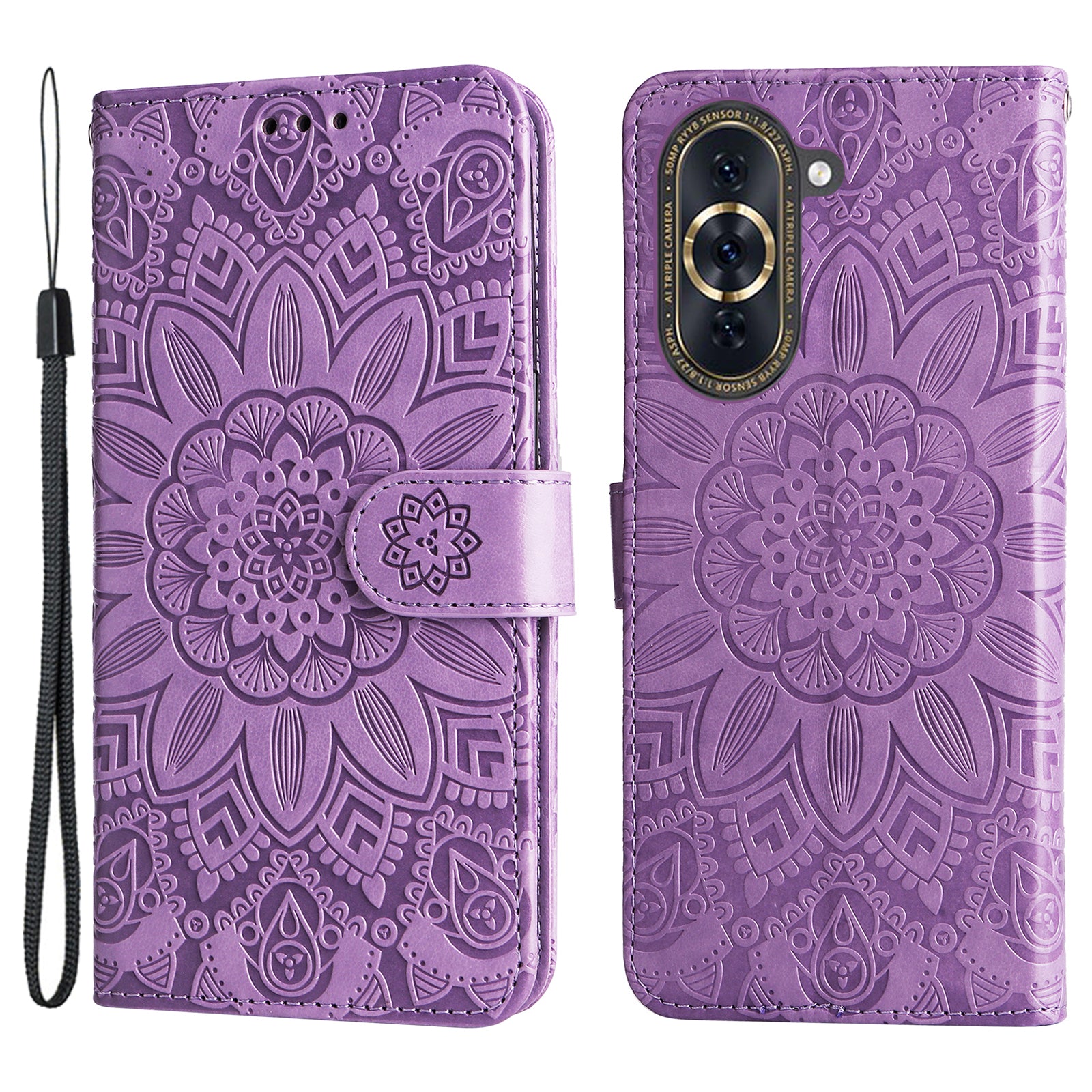 For Huawei nova 10 4G PU Leather Stand Wallet Case Sunflower Imprinted Shockproof Phone Cover with Wrist Strap