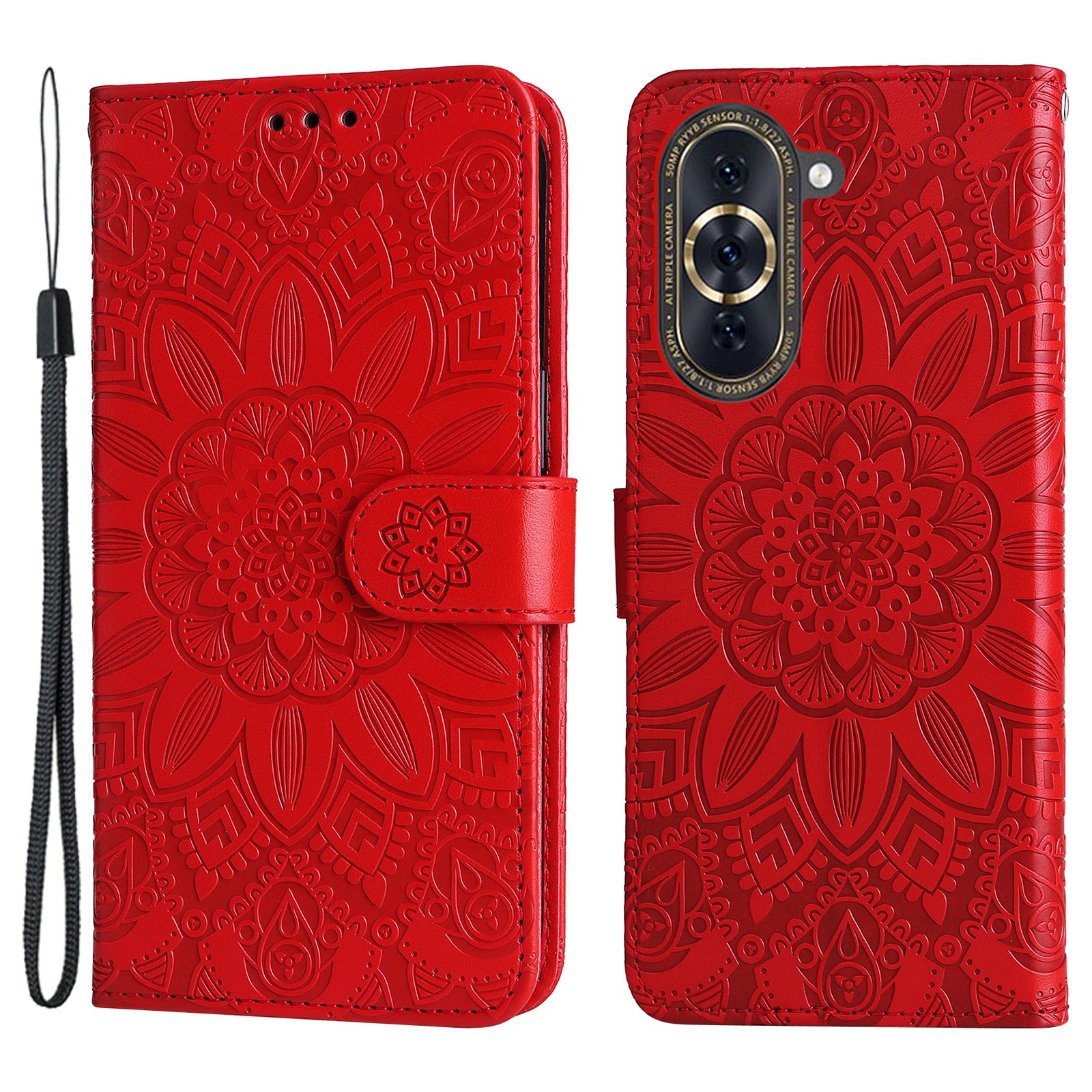 For Huawei nova 10 4G PU Leather Stand Wallet Case Sunflower Imprinted Shockproof Phone Cover with Wrist Strap