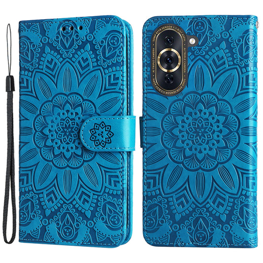 For Huawei nova 10 Pro 4G Sunflower Imprinted Phone Case Anti-scratch PU Leather Stand Wallet Cover with Wrist Strap