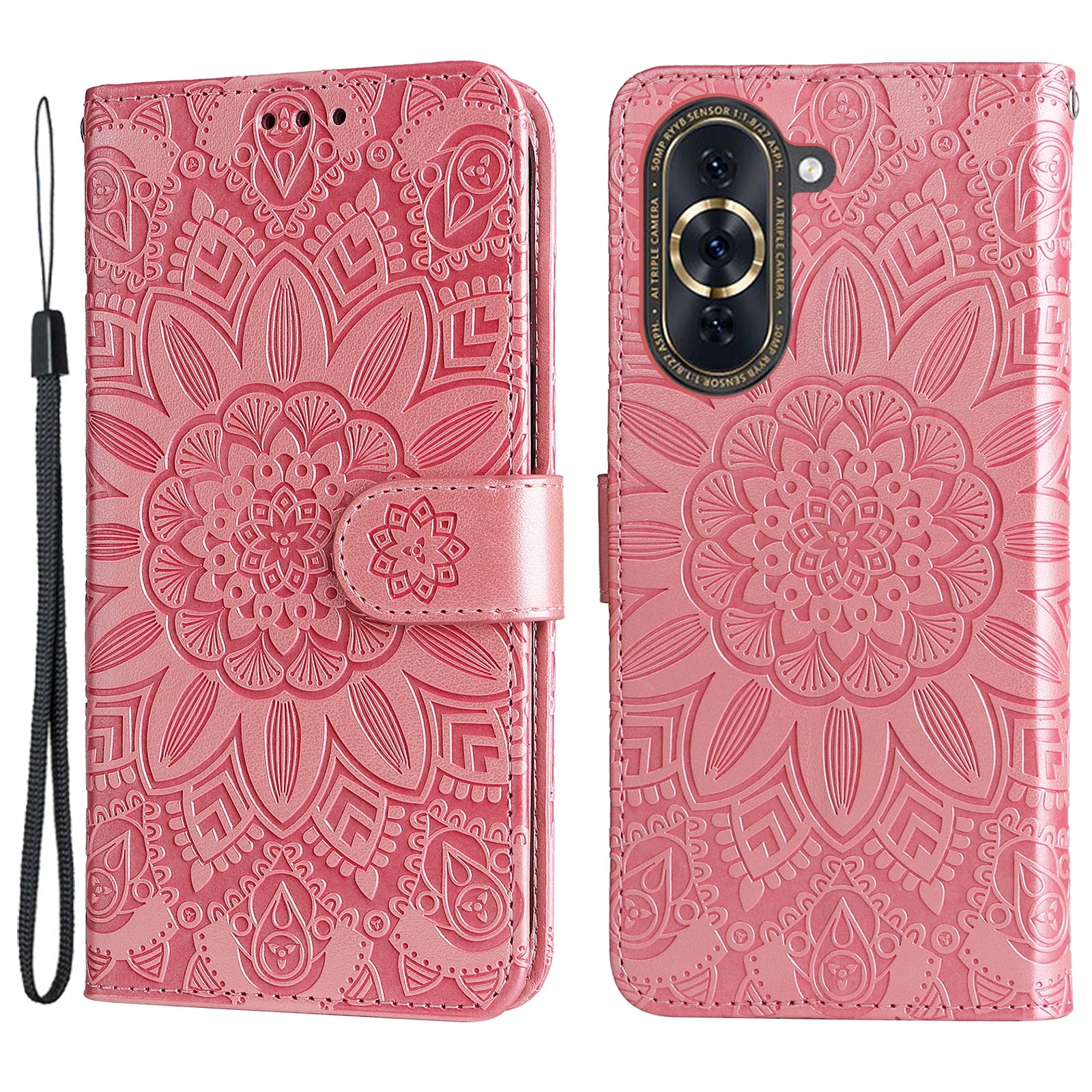 For Huawei nova 10 Pro 4G Sunflower Imprinted Phone Case Anti-scratch PU Leather Stand Wallet Cover with Wrist Strap