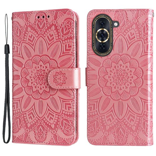 For Huawei nova 10 Pro 4G Sunflower Imprinted Phone Case Anti-scratch PU Leather Stand Wallet Cover with Wrist Strap