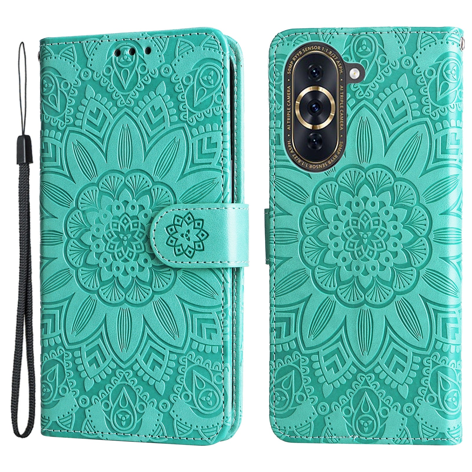 For Huawei nova 10 Pro 4G Sunflower Imprinted Phone Case Anti-scratch PU Leather Stand Wallet Cover with Wrist Strap
