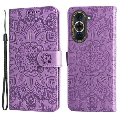 For Huawei nova 10 Pro 4G Sunflower Imprinted Phone Case Anti-scratch PU Leather Stand Wallet Cover with Wrist Strap