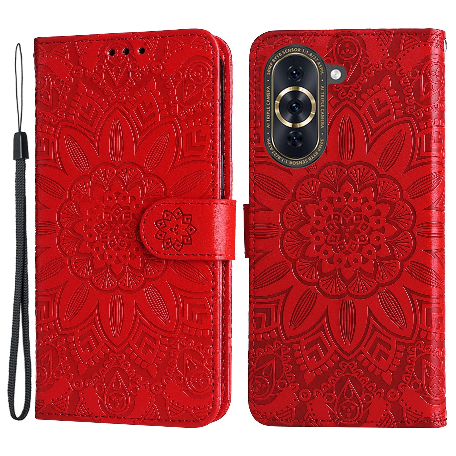 For Huawei nova 10 Pro 4G Sunflower Imprinted Phone Case Anti-scratch PU Leather Stand Wallet Cover with Wrist Strap