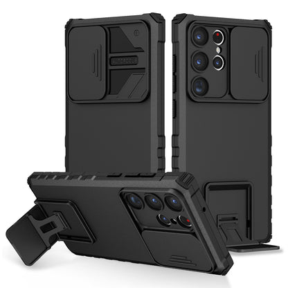 For Samsung Galaxy S23 Ultra Slide Camera Protection Kickstand Phone Case PC + TPU Protective Cover