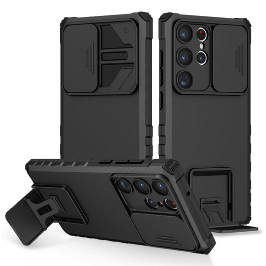 For Samsung Galaxy S23 Ultra Slide Camera Protection Kickstand Phone Case PC + TPU Protective Cover