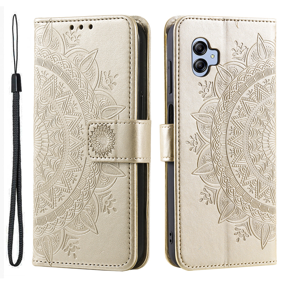 For Samsung Galaxy A04e 4G Imprinted Mandala Flower Wallet Case PU Leather Magnetic Flip Stand Phone Cover with Strap