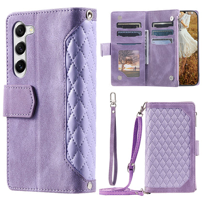 For Samsung Galaxy S23 005 Style Rhombus Imprinted Wallet Case PU Leather Magnetic Closure Handbag Zipper Pocket Stand Flip Phone Cover with Strap