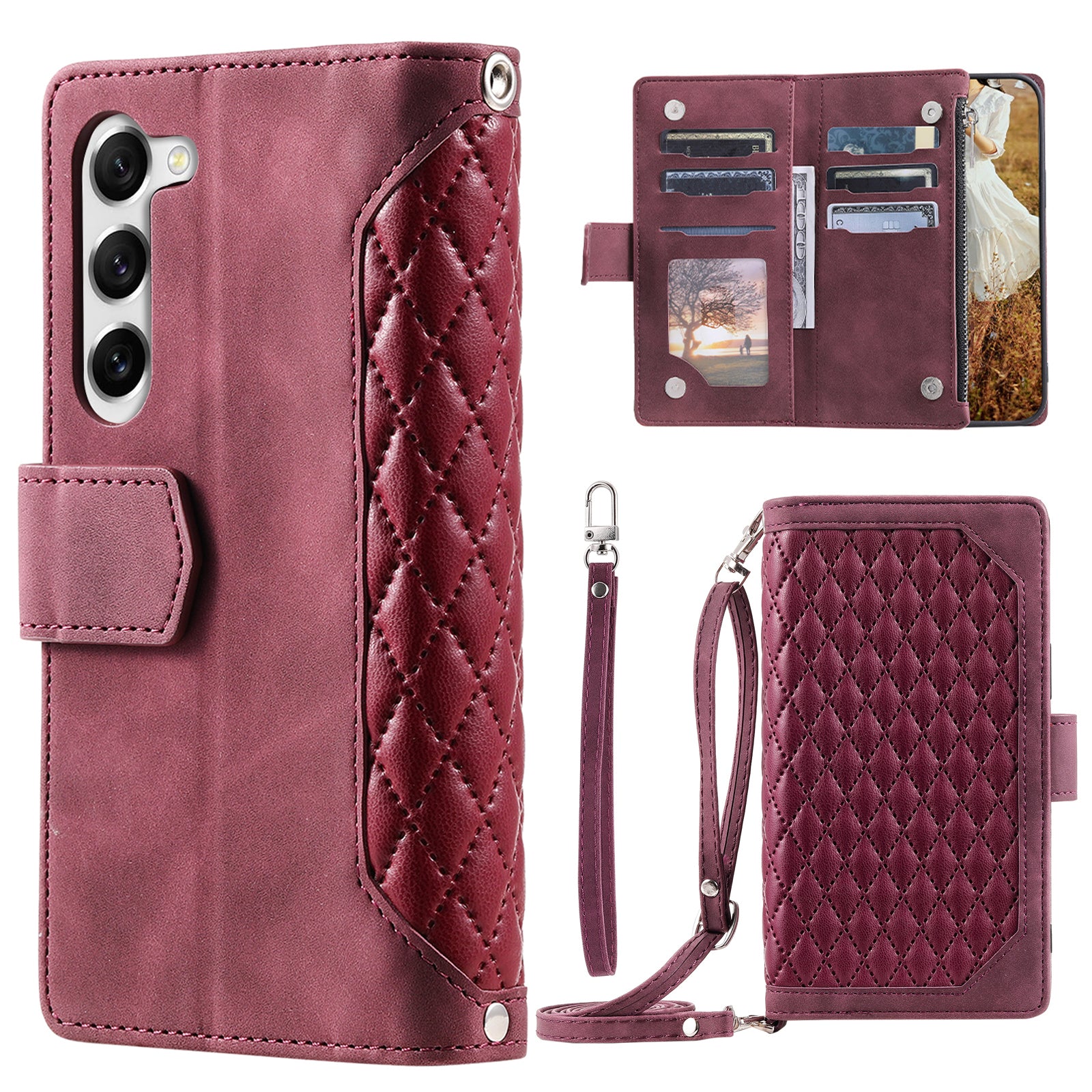 For Samsung Galaxy S23 005 Style Rhombus Imprinted Wallet Case PU Leather Magnetic Closure Handbag Zipper Pocket Stand Flip Phone Cover with Strap