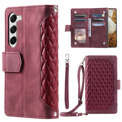 For Samsung Galaxy S23 005 Style Rhombus Imprinted Wallet Case PU Leather Magnetic Closure Handbag Zipper Pocket Stand Flip Phone Cover with Strap