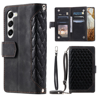For Samsung Galaxy S23 005 Style Rhombus Imprinted Wallet Case PU Leather Magnetic Closure Handbag Zipper Pocket Stand Flip Phone Cover with Strap
