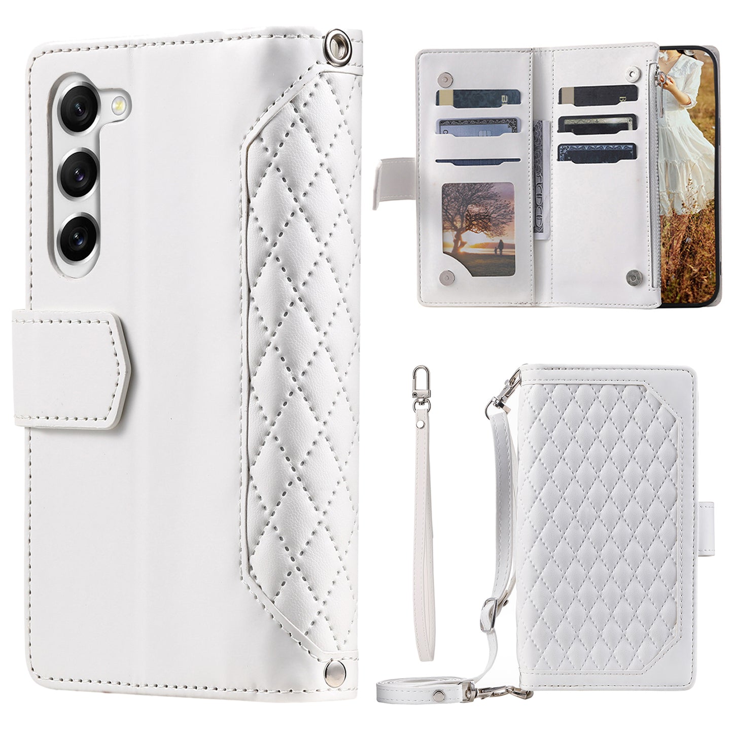 For Samsung Galaxy S23 005 Style Rhombus Imprinted Wallet Case PU Leather Magnetic Closure Handbag Zipper Pocket Stand Flip Phone Cover with Strap
