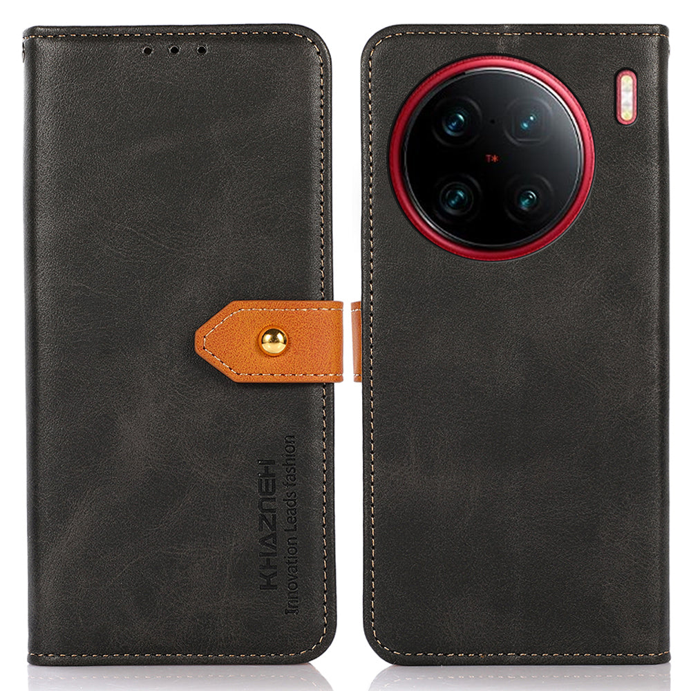 KHAZNEH For vivo X90 Pro+ 5G Anti-fingerprint Cowhide Texture PU Leather Gold Buckle Phone Case Stand Wallet Drop Protection Cover