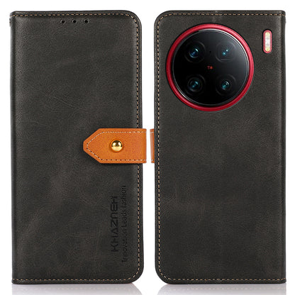 KHAZNEH For vivo X90 Pro+ 5G Anti-fingerprint Cowhide Texture PU Leather Gold Buckle Phone Case Stand Wallet Drop Protection Cover