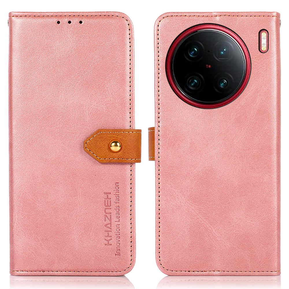 KHAZNEH For vivo X90 Pro+ 5G Anti-fingerprint Cowhide Texture PU Leather Gold Buckle Phone Case Stand Wallet Drop Protection Cover