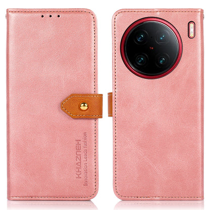 KHAZNEH For vivo X90 Pro+ 5G Anti-fingerprint Cowhide Texture PU Leather Gold Buckle Phone Case Stand Wallet Drop Protection Cover