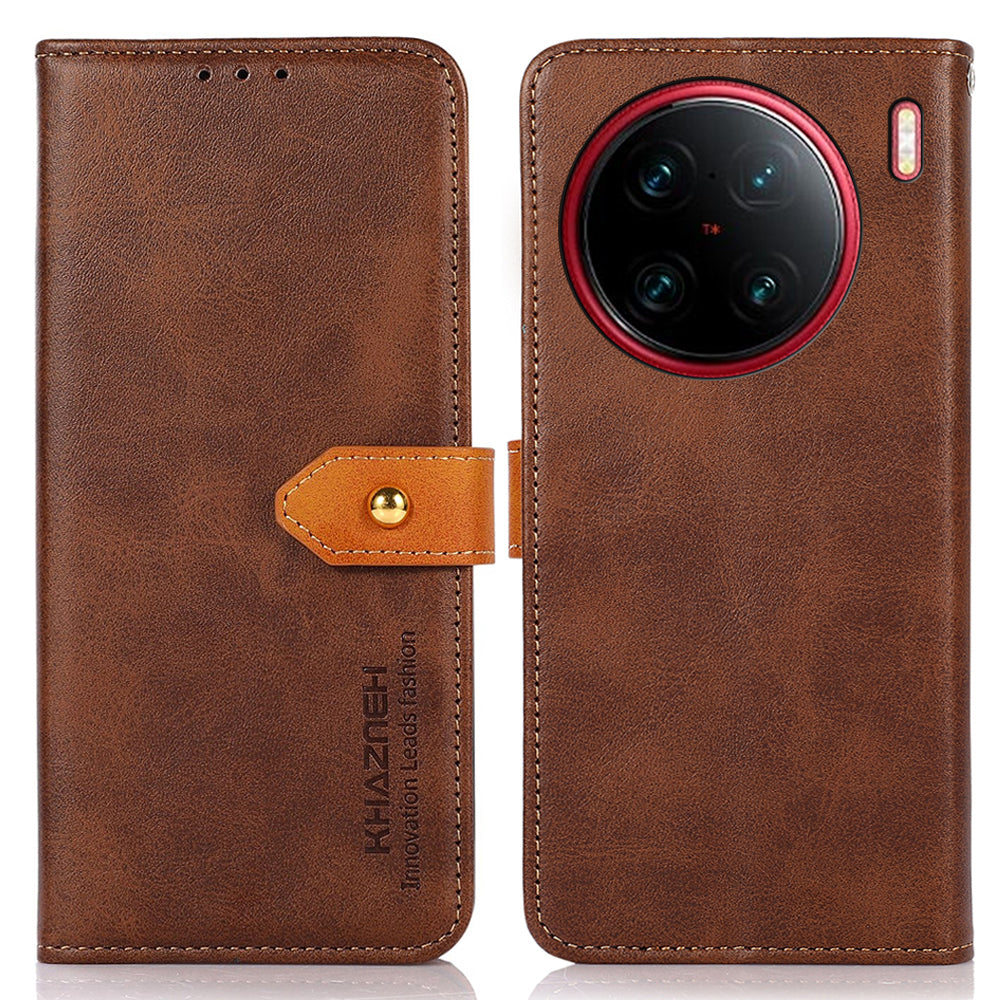 KHAZNEH For vivo X90 Pro+ 5G Anti-fingerprint Cowhide Texture PU Leather Gold Buckle Phone Case Stand Wallet Drop Protection Cover