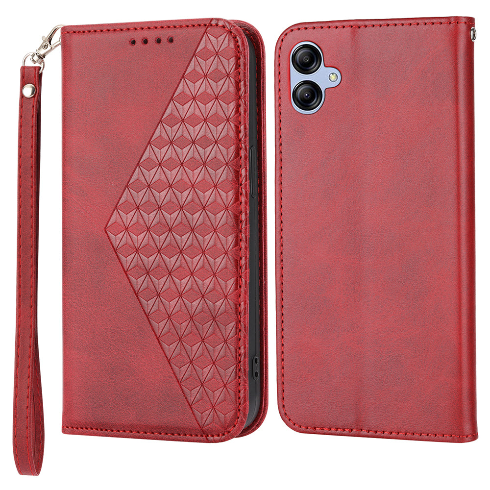 For Samsung Galaxy A04e 4G Imprinted Rhombus Pattern Calf Texture Phone Case PU Leather Wallet Stand Magnetic Closure Cover