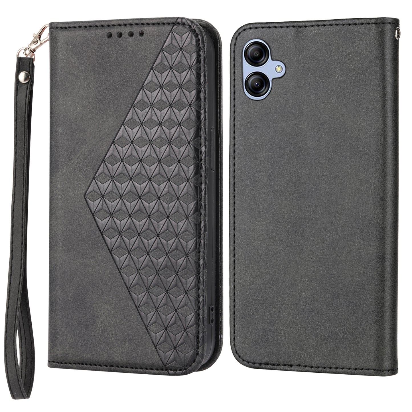 For Samsung Galaxy A04e 4G Imprinted Rhombus Pattern Calf Texture Phone Case PU Leather Wallet Stand Magnetic Closure Cover