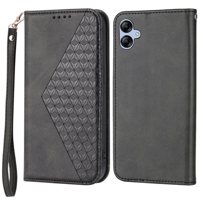 For Samsung Galaxy A04e 4G Imprinted Rhombus Pattern Calf Texture Phone Case PU Leather Wallet Stand Magnetic Closure Cover