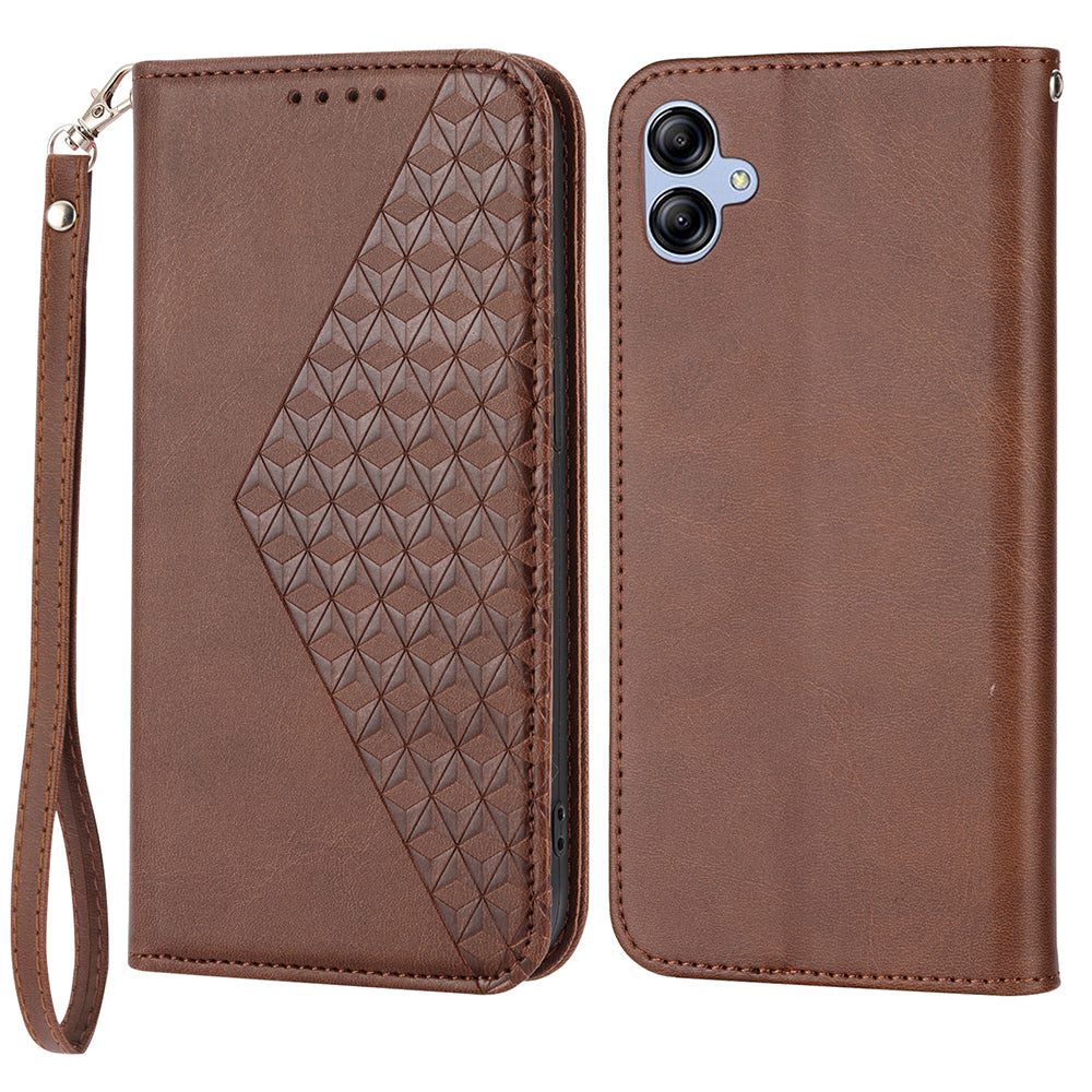 For Samsung Galaxy A04e 4G Imprinted Rhombus Pattern Calf Texture Phone Case PU Leather Wallet Stand Magnetic Closure Cover