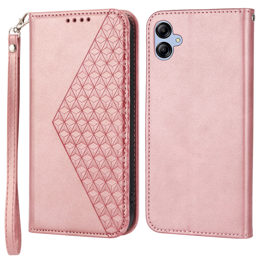 For Samsung Galaxy A04e 4G Imprinted Rhombus Pattern Calf Texture Phone Case PU Leather Wallet Stand Magnetic Closure Cover