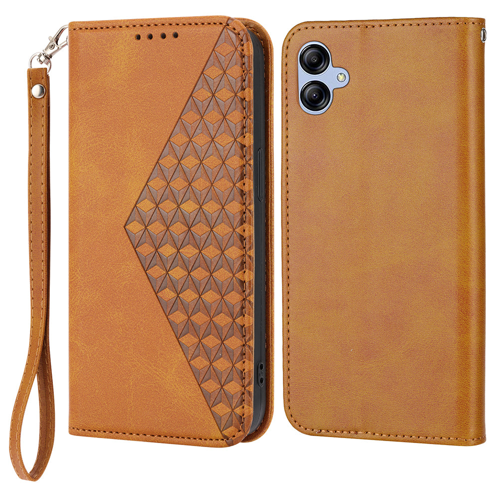 For Samsung Galaxy A04e 4G Imprinted Rhombus Pattern Calf Texture Phone Case PU Leather Wallet Stand Magnetic Closure Cover