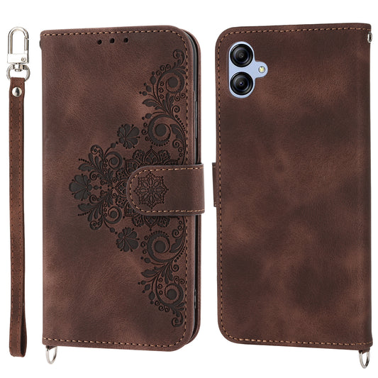 For Samsung Galaxy A04e 4G Wallet Phone Cover Skin-touch Feeling Imprinted Flowers Stand Leather Case with Wrist Strap and Shoulder Strap