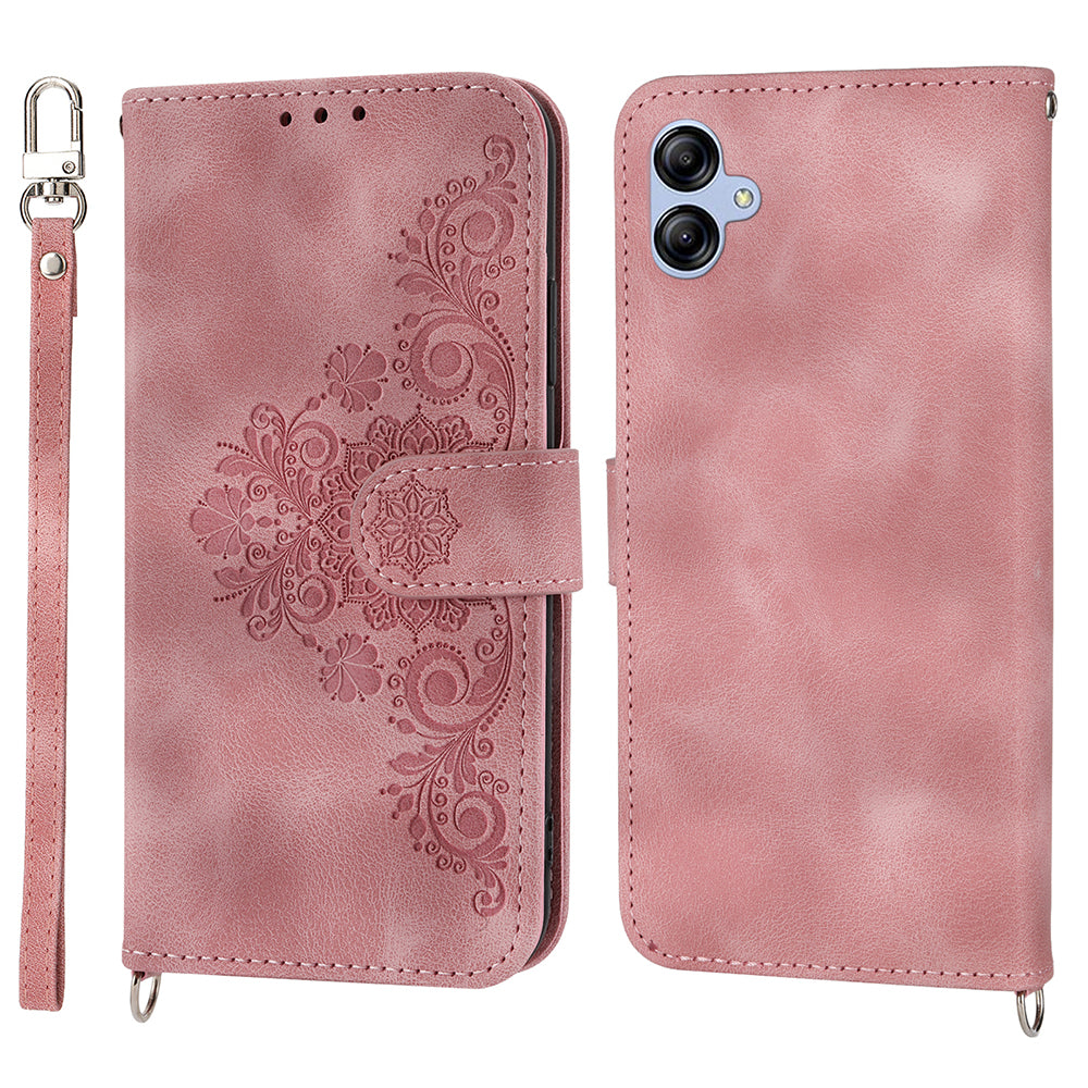 For Samsung Galaxy A04e 4G Wallet Phone Cover Skin-touch Feeling Imprinted Flowers Stand Leather Case with Wrist Strap and Shoulder Strap