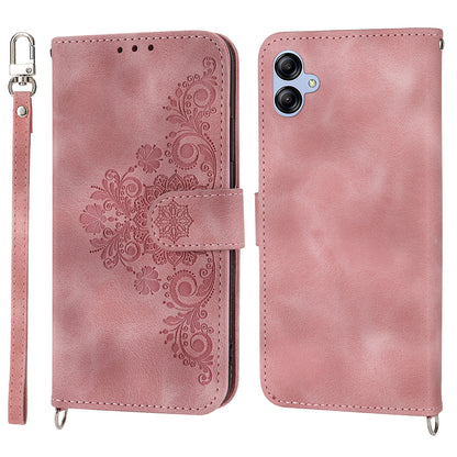 For Samsung Galaxy A04e 4G Wallet Phone Cover Skin-touch Feeling Imprinted Flowers Stand Leather Case with Wrist Strap and Shoulder Strap